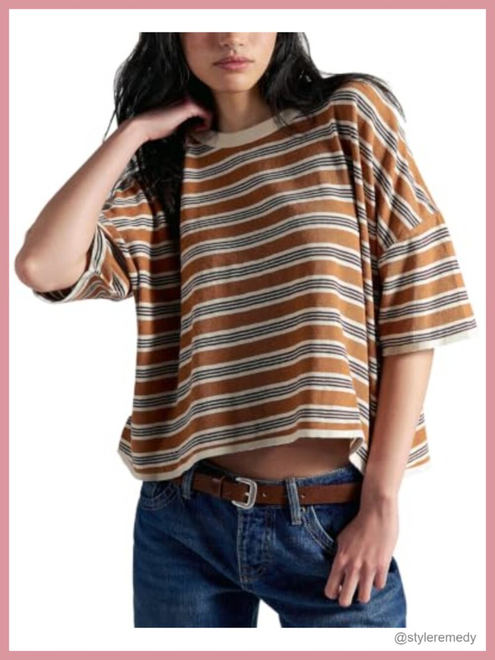 Oversized Striped Crop T-Shirt Casual Summer Drop Shoulder Tee